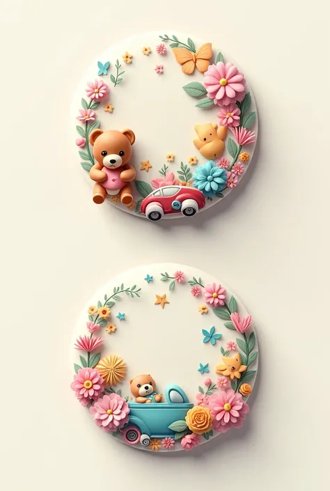 two digital arts for baby shower round buttons. The first button should have the &#39;Time Boy&#39; theme with a blue color palette and elements like cars, planes or teddy bears. The second button should have a &#39;Time Girl&#39; theme with a pink color p...