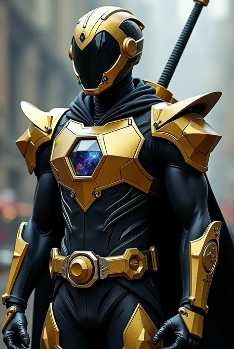 Creat the most powerful legendary black gold power ranger with brittle  cloak and have a hexagon crystal on the chest and the head is like the futuristic and robotics style and the body is also like it. it represents the protector of the whole world and th...