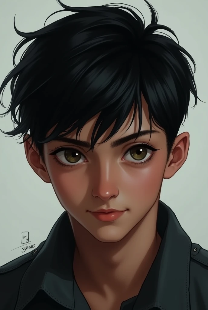 20 year old young man, short black hair, Brown skin, cold and mischievous look, digital illustration 
