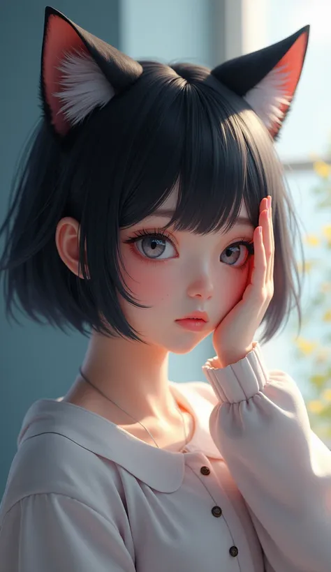 (8k, raw photo, Best Quality, masterpiece:1.2), lindin (blue lane), fancy_world, 1 girl, (Aegyo Sal:1), Beautiful, invejecido, (Jpop_Idol), detailed beautiful skin, pechos inormes, animal ears, black fur, cat ears, grey eyes, short hair, sad hand in own fa...