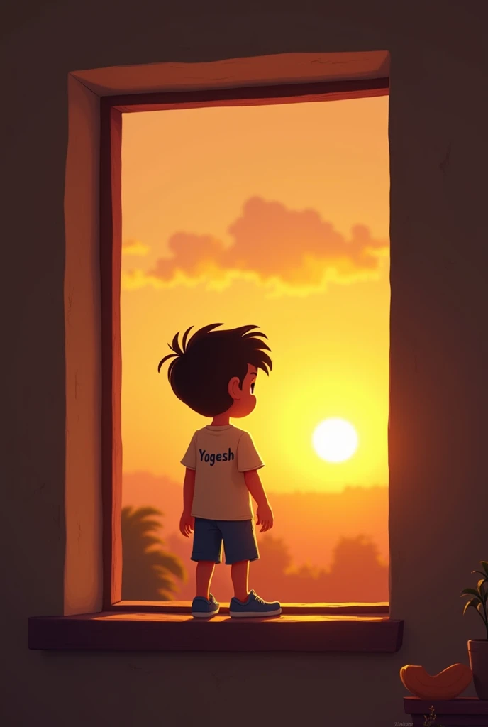 1 boy stand on the window and watching sunset his name is yogesh written on the t shirt 2d cartoon window is small