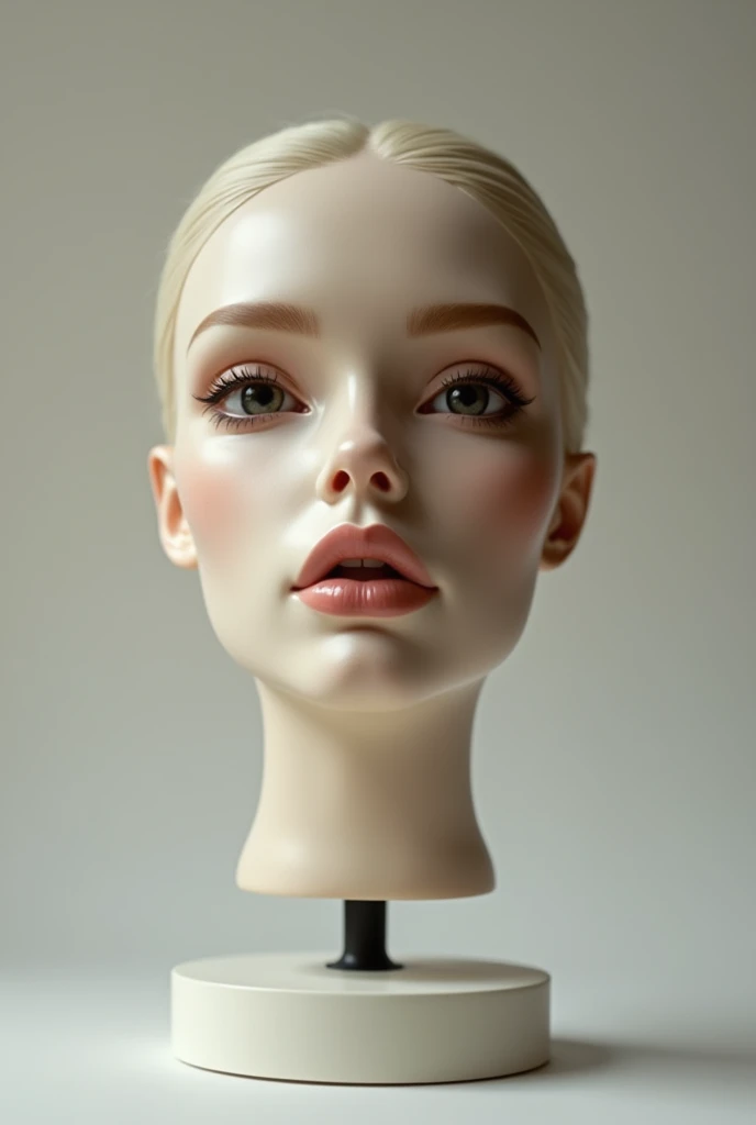 ((Disembodied female head on stand with pretty face wearing makeup)), pretty eyes, full lips, detailed skin texture, best quality, natural light