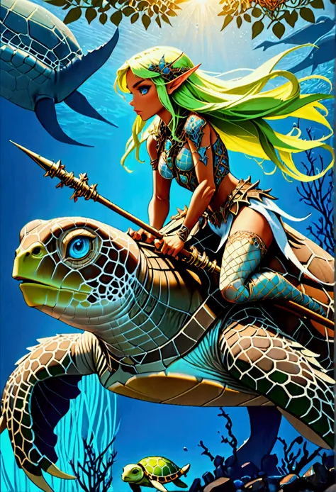 fantasy art, RPG art, a picture of a sea elf ranger riding her sea turtle mount under the sea, an exquisite beautiful female elf ultra feminine, knight, (best details, fantasy art, Masterpiece, best quality: 1.4) with a long curvy hair, light green hair, b...