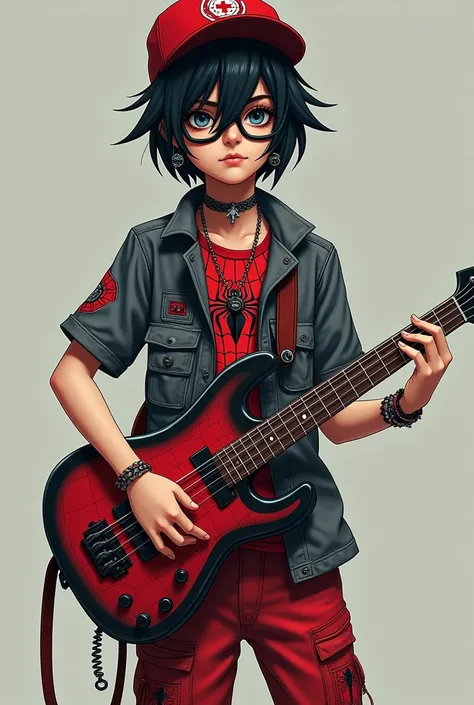 Swept Forward Hair Spiderman Shirt Spiderman Pants Glasses Baseball Cap Punk Glasses Emo Cross (bass guitar)