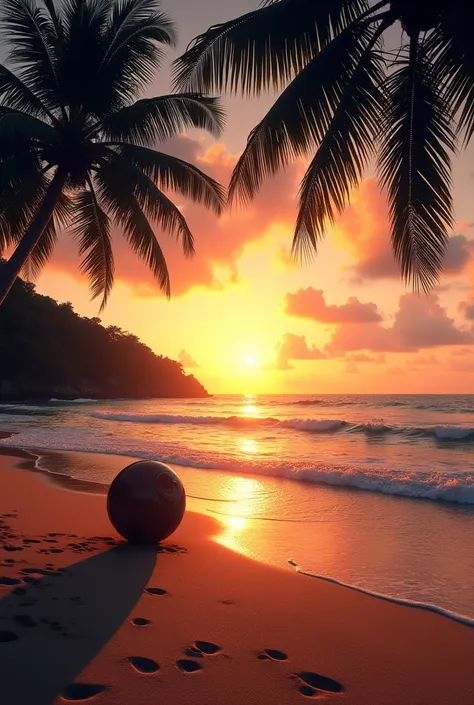 Sunset album cover concept with golden hour light bathing a tranquil beach in Tobago, foreground boasts fine-grained sand caressing lapping waves, coconut palm silhouettes frame the scene, their elongated shadows intertwined with the suns retreat, sky pale...