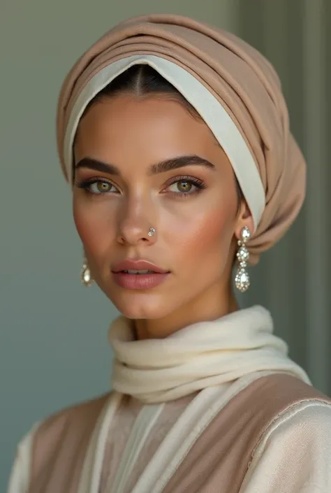 A 3 headscarf-wearing woman who grew up in a wealthy conservative family. Wearing diamond jewelry, A woman who dresses simply but elegantly. wears soft colors