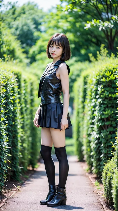 (8k、RAW Photos、Highest quality、masterpiece:1.2)、(Realistic、Realistic)、1 person、((black、Sleeveless vest、Medium Hair、tights、mini skirt、Thin legs、whole body、boots、View from the front、Looking into the camera、garden、Stand with hands on hips))、cute