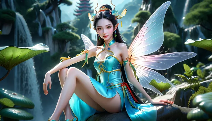 photo-realistic style，chinese mythological fairies，pretty face，charming，bright eyes，fair skin，full-body shot，thin waist，long leg...