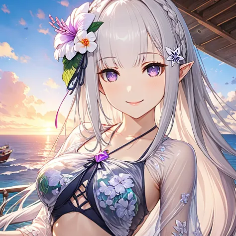 emilia, one girl, long hair, silver hair, purple eyes, pointed ears, hair flower, swimwear, see-through, tropical sea, pier、boat...