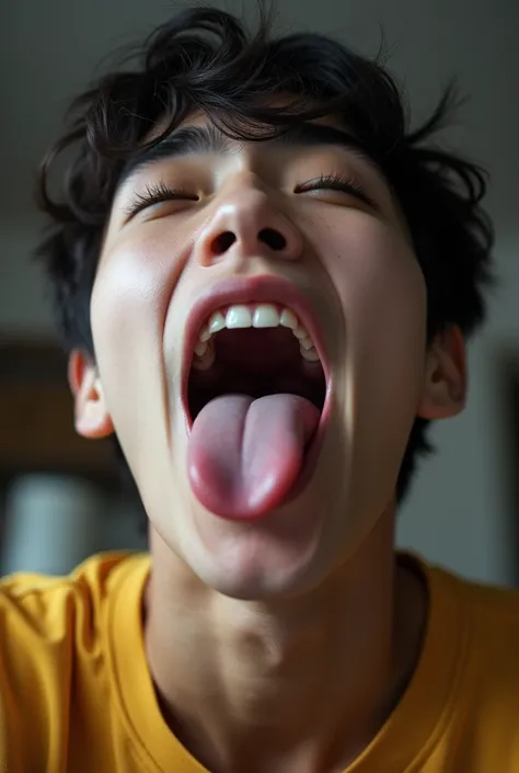 An extreme upclose of a korean boy vore POV sticking his tongue out 