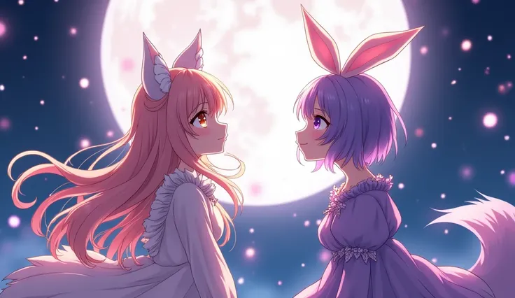 Anime art style, First character female, light pink long hair, peach color eyes, wolf ears, kitsune dress, Second character female, purple short hair, purple eyes, bunny ears, purple dress, both looking up, moon bakcground