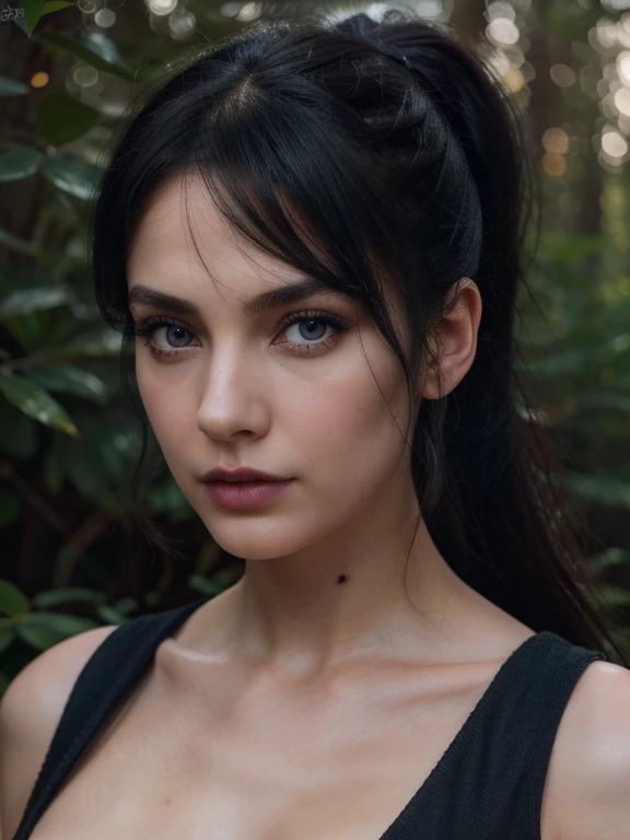 beautiful girl, Bblack hair, Bangs and ponytail, natural blue eyes, heavily lined eyes in the Gothic style, high détail, cinematic lighting, 8k, Artwork, super realistico,em on, naked in a dark forest, kodak printing, detailed realistic face, 4k 8k ultrade...