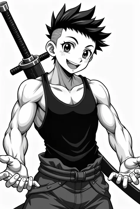 happy anime boy , with a sword on my back with power in my hands, with manga features , short hair cut on the sides, he is wearing a black tank top , showing off his strong physique , but not so strong, black and white manga style.