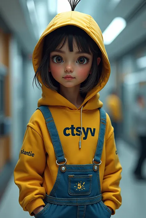 A girl with medium-short brown hair and dark skin in a science and technology place with a minion and dressed as a minion and on her clothes it says ctsyv and on her right side it says 5°B Shantie
 

