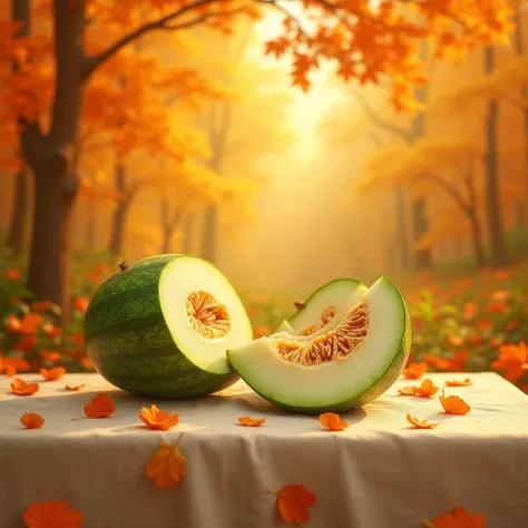 a fresh melon cut on a cloth tablecloth, located on the left side of the frame, in a beautiful orange forest