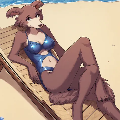 juno from beastars wearing a swimsuit lying on a beach chair outdoors, anime art style