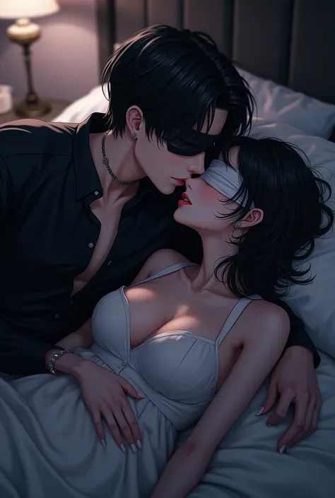 pretty Girl is blindfolded.  handsome ganster boy is kissing her. touching lips. press her down in bed. erotic, full passion.. bedroom at dark night. anime  digital art. avator. wear black. anime figure. erotic 
asthetics vibe. 