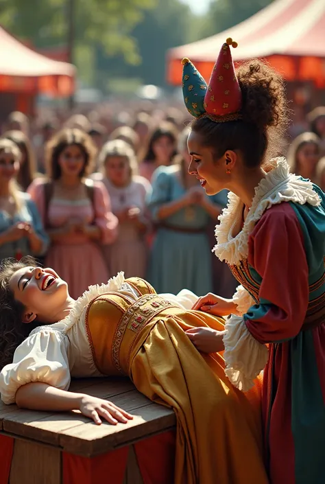 Woman belly button showing at renaissance fair, laying on a platform, female Jester picking at belly button, crowd watching, Woman laughing hysterically, bright day, point of view