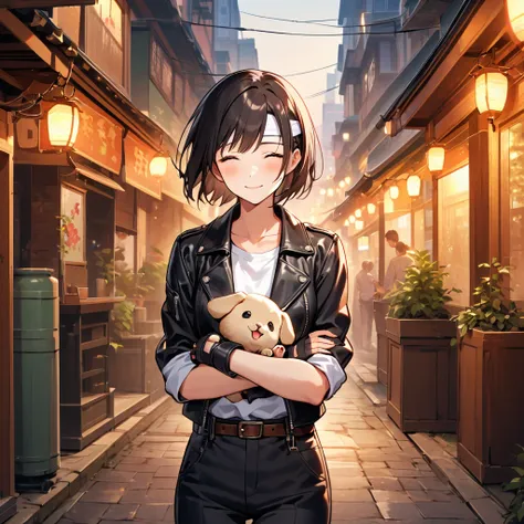 Holding a small puppy. The bright, warm atmosphere is soothing and heartwarming, with a soft Japanese cityscape in the background. The girl has a happy, loving expression, short-cut black hair, sallow skin, dressed in ((black leather jacket with rolled-up ...