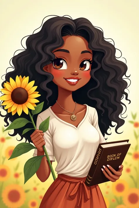 Cartoon of a black brunette woman, with thick curly hair, Mormon and with a sunflower in one hand and in the other hand the Book of Mormon 