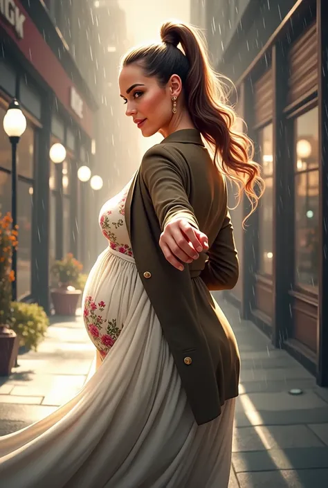 RAW, REALISM PHOTO, masterpiece, best quality, pregnant gal gadot  full of beautiful smiles, wearing brown jacket, underneath white flowing floral dress, high french twist  long_ponytail brown color hair, back facing viewer, detailed beautiful eyes, detail...