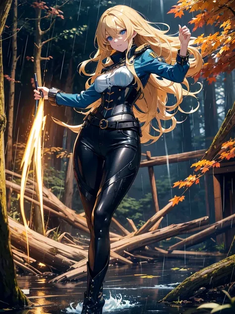 Modern anime-style digital painting of a 2 female teacher in a frontal view and action pose during an autumn day, soaked by rain with dramatic lightning in the background. She is 165 cm tall, with measurements of 91-61-81 cm, and has waist-length, wavy blo...