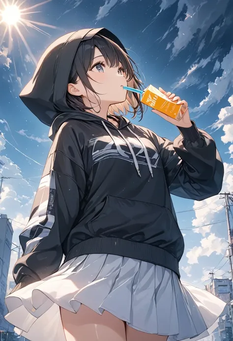 cheered up、((Shockingly absurd)),(masterpiece:1.2),超High resolution, Attention to details, high quality, High resolution, 最high quality, 4k, 8k、A girl looking at the camera and holding a juice box, A girl holding a juice box in her hand, Dark sky with thic...