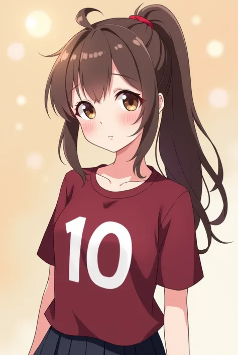 A very feminine girl with a ponytail wearing a burgundy number 10 shirt animated as an anime