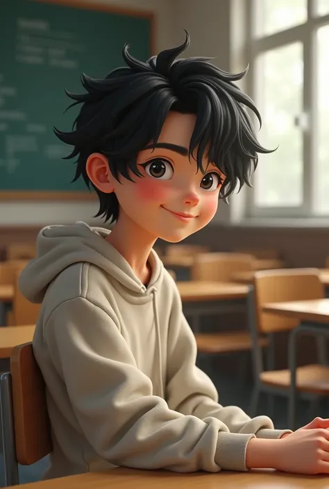 (photorealism:1.2) "handsome boy, black hair falling over his forehead, wearing a sweatshirt, sitting in a chair looking sideways with a sideways smile, classroom"