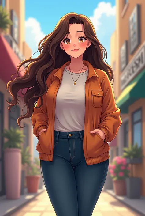 Brunette Hair, chubby body, smiling, deep Brown eyes, full body, Closed Mouth, High Quality, Wavy Hair, simple every day outfit, Anime Style, Anime, Character Design, plus size, curvy, Digital Art, young adult, Very Long Hair, bustling city back round, 