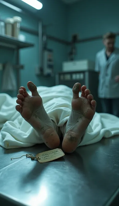 In a morgue, the image focuses on a pair of decomposing feet on a stainless steel table. The camera is positioned at a low angle, 10-15 cm from the ground, using a 100mm f/2.8 macro lens to capture sharp details. The feet display a grayish color typical of...