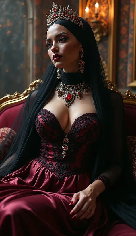 full body photo, from far very far away, perfect eyes and face, queen of the abyss, her face is beautiful and charming, goth and magnificent makeup, booming throughout darkness, Intricate hijab decorated with sparkling ruby, silk dress with intricate maroo...