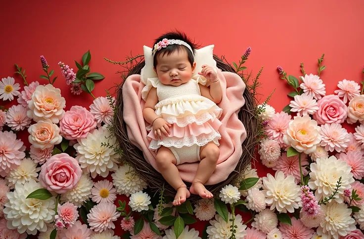 A baby is lying comfortably in a nest-like basket, surrounded by a beautiful array of pink and white flowers. The baby is wearing a frilly, lace outfit with layers of cream and pink fabric. A delicate floral headband adorns the babys head, adding to the ch...