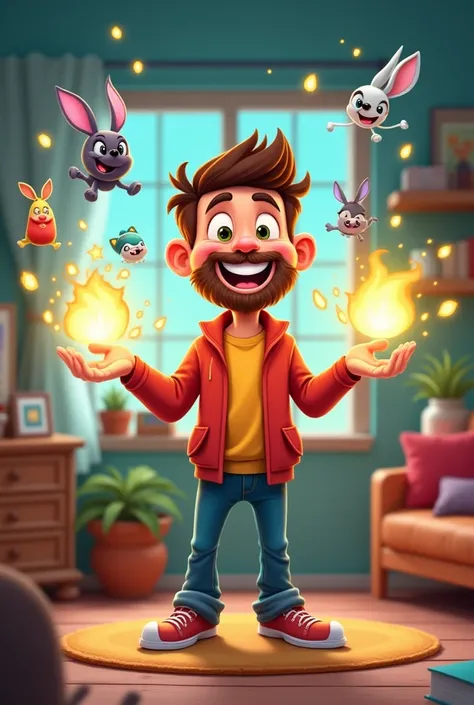 A cartoon man with full of happiness and he changes things in to other things with hands with magic in his room