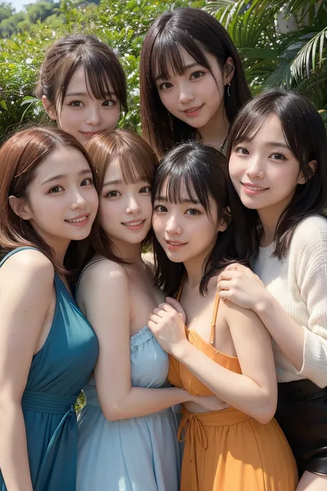 ((best quality, masterpiece)), five lifelong friends,japanese idol,costume,((orange juice)), warmly embracing, smiling ear-to-ea...