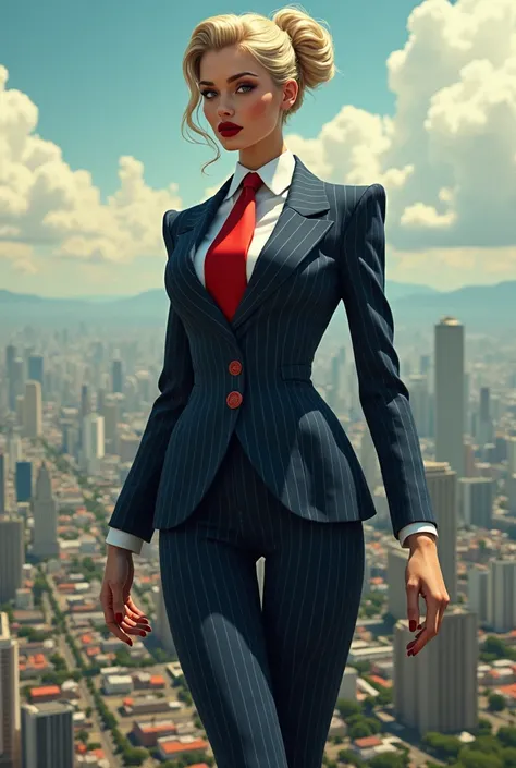 1 woman beautiful curves a massive thighs blonde hair done up red lips wearing a perfect form fitting navy pinstripe trouser suit and blazer, crisp white shirt and large blade width of 12cm  and latge windsor knot crimson red necktie, tiara veil massive br...