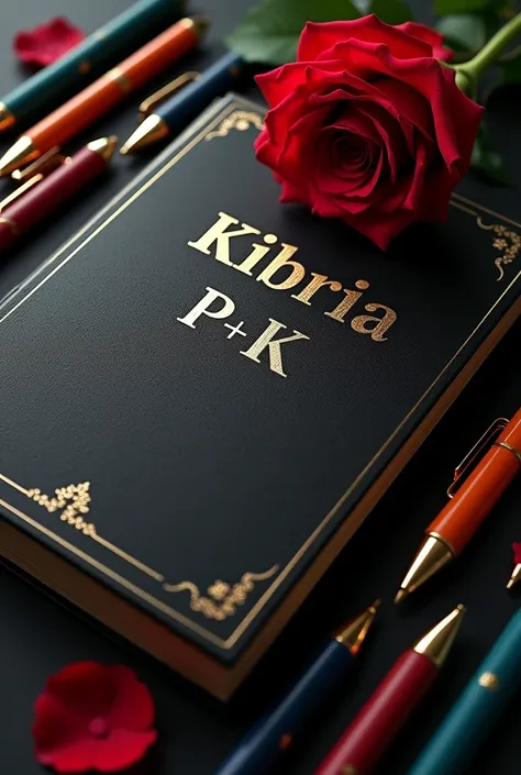 On top of a black diary KIBRIA p+ ks name is written in golden collar bold letters,there is a red rose on the possand some sing pens around it black background realistic 