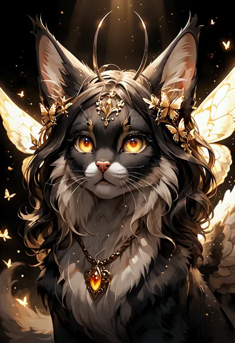 Golden butterfly-winged black fluffy cat, antenna crowning head, amidst a glowing, magical night, expressive sharp eyes conveying award-winning beauty, harmonious composition, crisp cinematic quality, meticulously detailed facial features, fur radiating an...