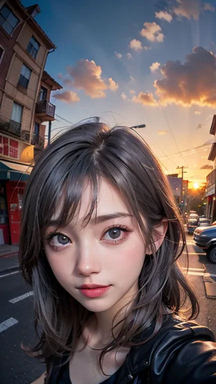 xx Remix Girl,1girll, fish eye, self-shot, Wind, Messy hair, Sunset, street (Aesthetics and atmosphere:1.2), Gray hair,Smiling,Movie girl