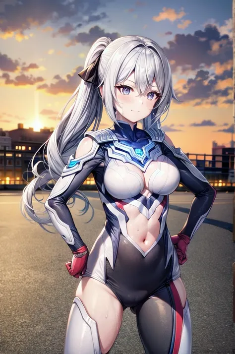 Highly Detailed CG Unreal Engine 8k, Highest quality, One girl, Beautiful detailed girl, (Ultra Girl :1.0), Ultraman bodysuit, Small breasts, whole body, A light smile, Twin tails, Hands on hips, Are standing, (Detailed fingers, Fine hand, Detailed face), ...