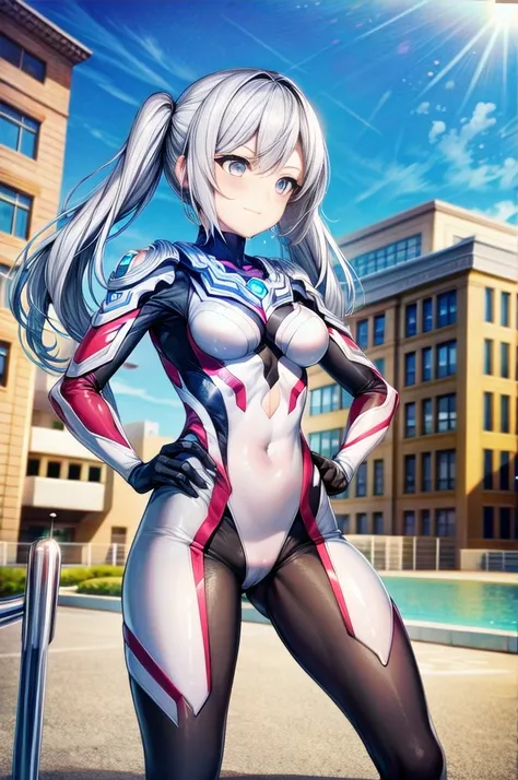 Highly Detailed CG Unreal Engine 8k, Highest quality, One girl, Beautiful detailed girl, (Ultra Girl :1.0), Ultraman bodysuit, Small breasts, whole body, A light smile, Twin tails, Hands on hips, Are standing, (Detailed fingers, Fine hand, Detailed face), ...