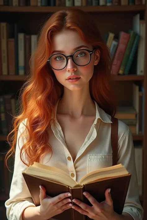 Woman 2, with long curly hair, with glasses and freckles, likes to read, stands straight on two legs, realistically