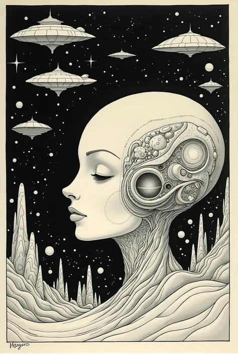 ((best quality)), ((masterpiece)), (detailed), perfect face, surreal, art nouveau, in the illustrative style of moebius, spaceships, aliens, fantasy, sci-fi, graphic novel, line drawing, french retro, 