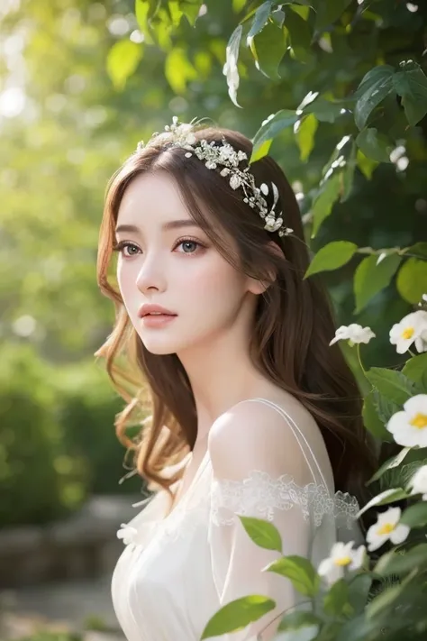 A gorgeous young woman, porcelain skin, long flowing hair, delicate facial features, innocent expression, elegant posture, wearing a flowing white dress, standing in a lush garden with vibrant flowers and greenery, soft natural lighting, ethereal, dreamy, ...