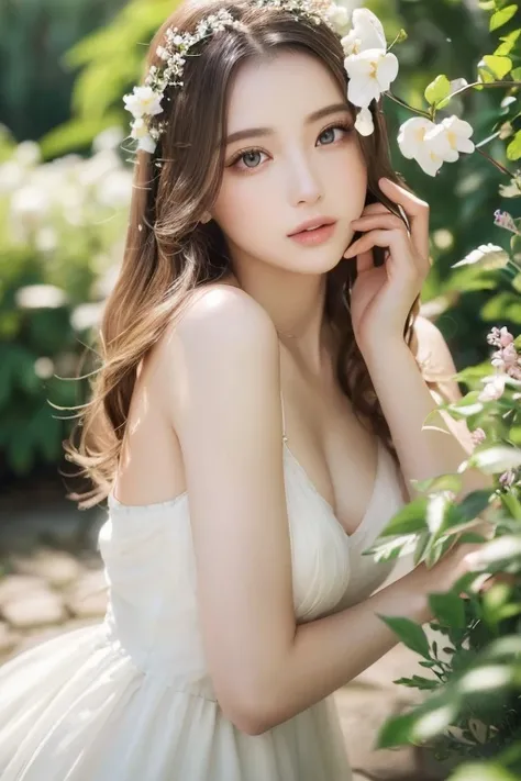 A gorgeous young woman, porcelain skin, long flowing hair, delicate facial features, innocent expression, elegant posture, wearing a flowing white dress, standing in a lush garden with vibrant flowers and greenery, soft natural lighting, ethereal, dreamy, ...