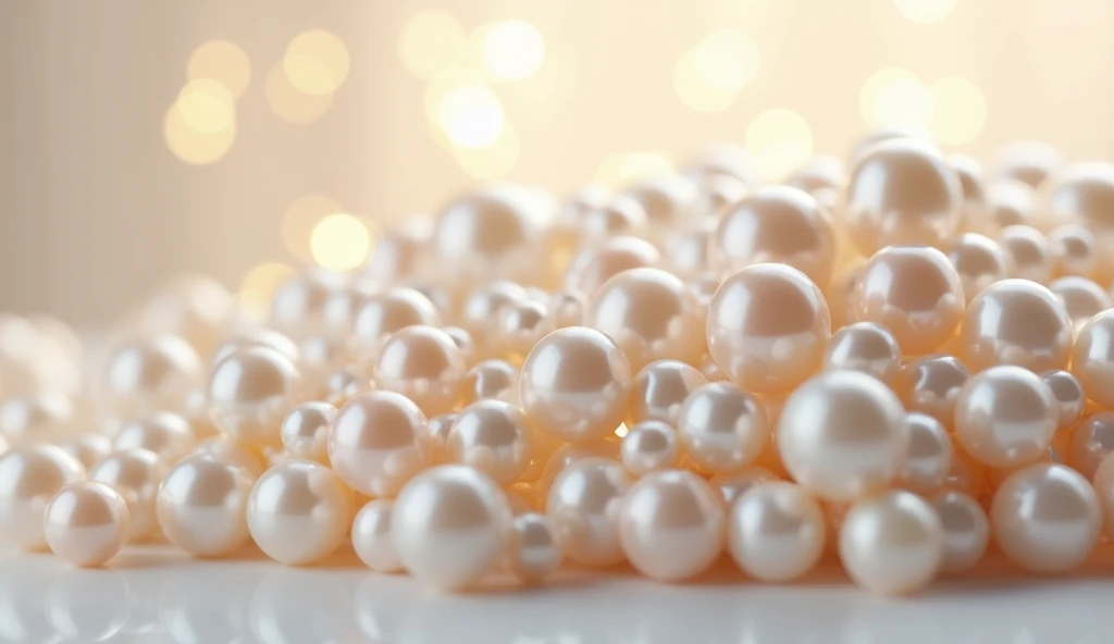 A luxurious heap of perfectly round, luminous white South Sea pearls, shimmering softly under delicate lighting. The pearls vary slightly in size, their smooth surfaces reflecting light in a way that highlights their natural radiance and rich luster. The b...