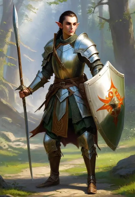 Medieval Fantasy, a soldier, class Slinger, professed in slinging and throwing weapons like javelins or throwaxes, protects itself with a shield, basic light armor, a human elf hybrid, rather boyish, around 2, 