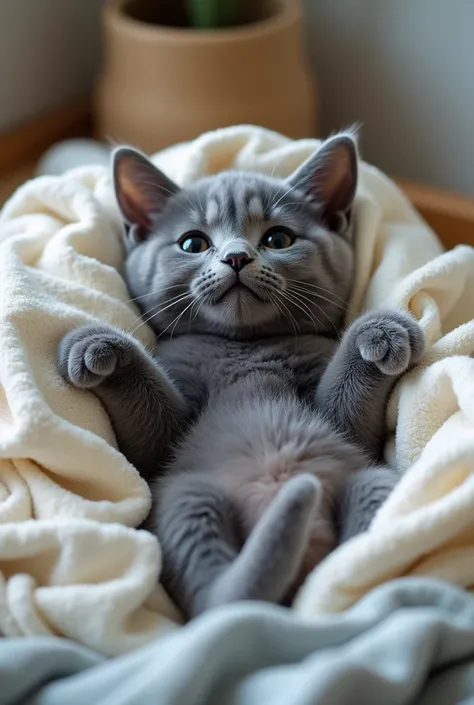 Chartreux cat showing his belly cutely on a pile of laundry