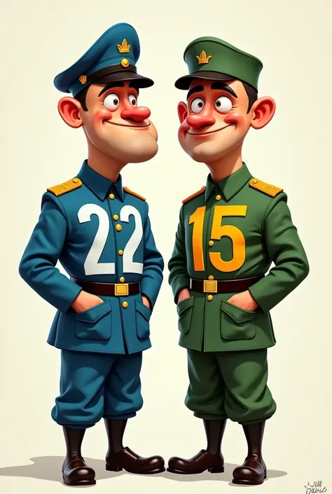 Caricature of an army man in an all-blue uniform with the number 22 printed on it in front of an army man in a green uniform with the yellow number 15 printed on the uniform
