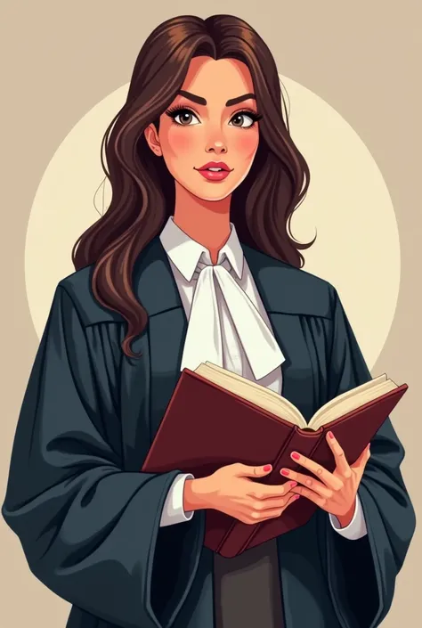 Woman holding a book with determination, cartoon style, wearing a legal gown, beautiful background, minimalist style
